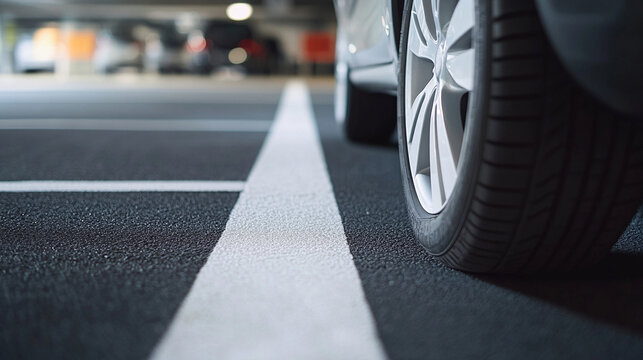 Close shot of a tire and wheel parallel to a white parking space line.