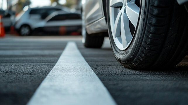 Close shot of a tire and wheel parallel to a white parking space line.