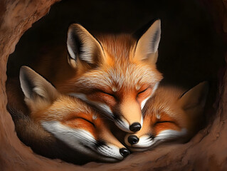 A family of foxes curled up together in their den, capturing a tender moment of rest. Foxes cozying up in their home.


