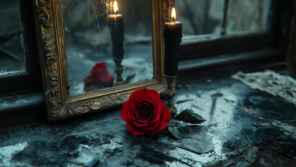 A single red rose and flickering candle light on a tarnished table by a dusty mirror in an abandoned setting