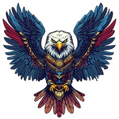 Fierce bald eagle with spread wings and intricate design.