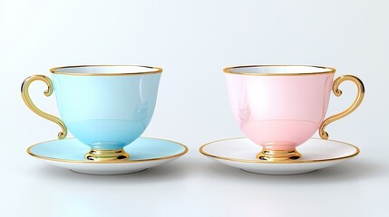 Elegant Blue and Pink Vintage Tea Cups with Gold Accents on White Background for Stylish Table Setting and Sophisticated Dining Experience