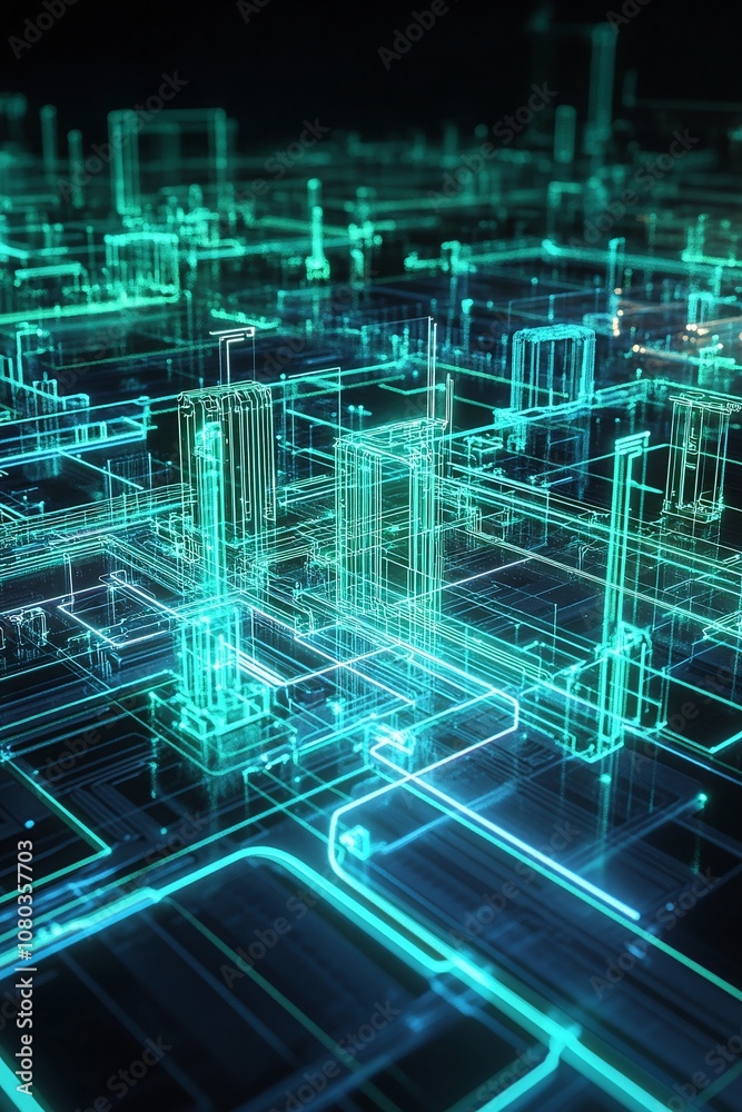 Poster abstract representation of digital architecture with neon blue lines and glowing grid patterns creat