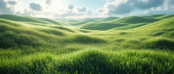 Obraz premium Vibrant green meadow basking in gentle sunlight, showcasing the beauty of nature in exquisite detail, ideal for promotional use