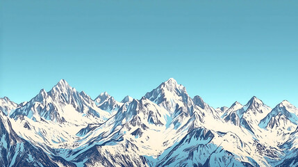 Obraz premium detailed retro vector illustration of majestic mountains under clear blue sky, showcasing snow capped peaks and rugged terrain, evoking sense of adventure and tranquility