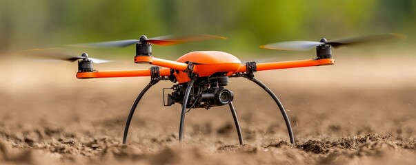 Smart farming and automation to boost yield concept.  A vibrant orange drone sits on a dirt field, showcasing its technology and design, ready for aerial exploration or agricultural use.