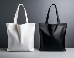 White and black tote bags mockup on a grey background.