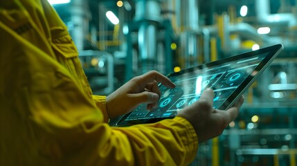 Technician uses a tablet to monitor machinery operations in a night manufacturing facility