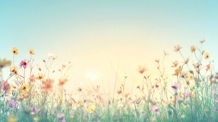 Fototapeta premium vibrant field of wildflowers under clear blue sky, creating serene and peaceful atmosphere. colorful blooms add touch of beauty to landscape