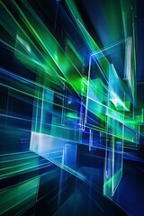 Abstract Representation of Light Fragments with Vibrant Green and Blue Colors Creating a Dynamic Motion Visual Suitable for Futuristic Concepts and Backgrounds