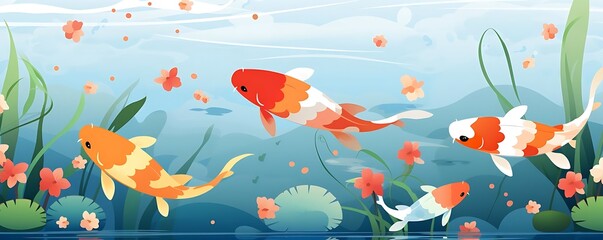 Koi Fish Swimming in a Pond with Flowers