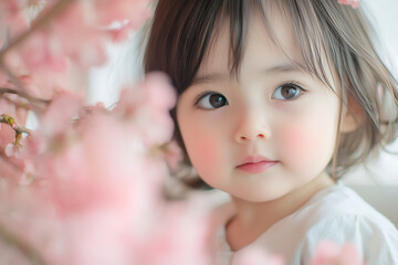Fototapeta premium young girl with dark hair gazes softly among pink cherry blossoms, capturing moment of innocence and wonder