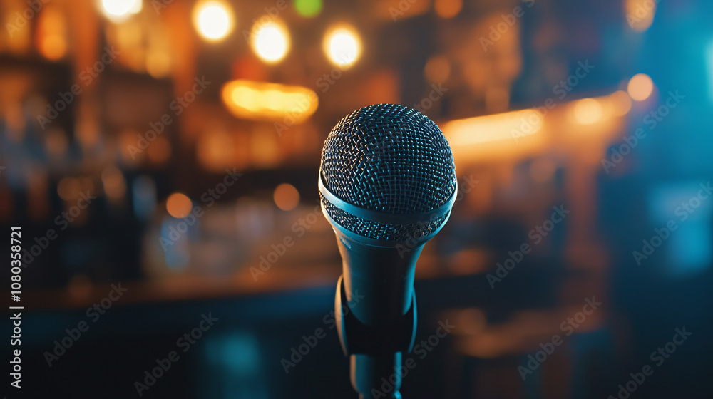 Poster Blurred bar in the background of a stage with a microphone, setting the scene for a night of live music and entertainment