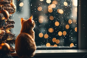 A cat observes snowfall from a cozy window perch while christmas lights sparkle in the background