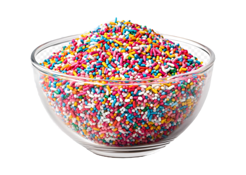 Multicolored sprinkles in a bowl isolated on a transparent background