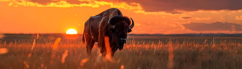 Fototapete Bison Silhouette at Sunset in Grassy Field © OjoLali