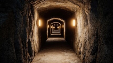 Fototapeta premium Underground tunnel with illuminated arches and stone walls.