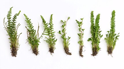A collection of ferns and plants arranged in a row on a white background, showcasing their delicate leaves, roots, and fresh green hues, evoking a sense of natural growth and botanical beauty.
