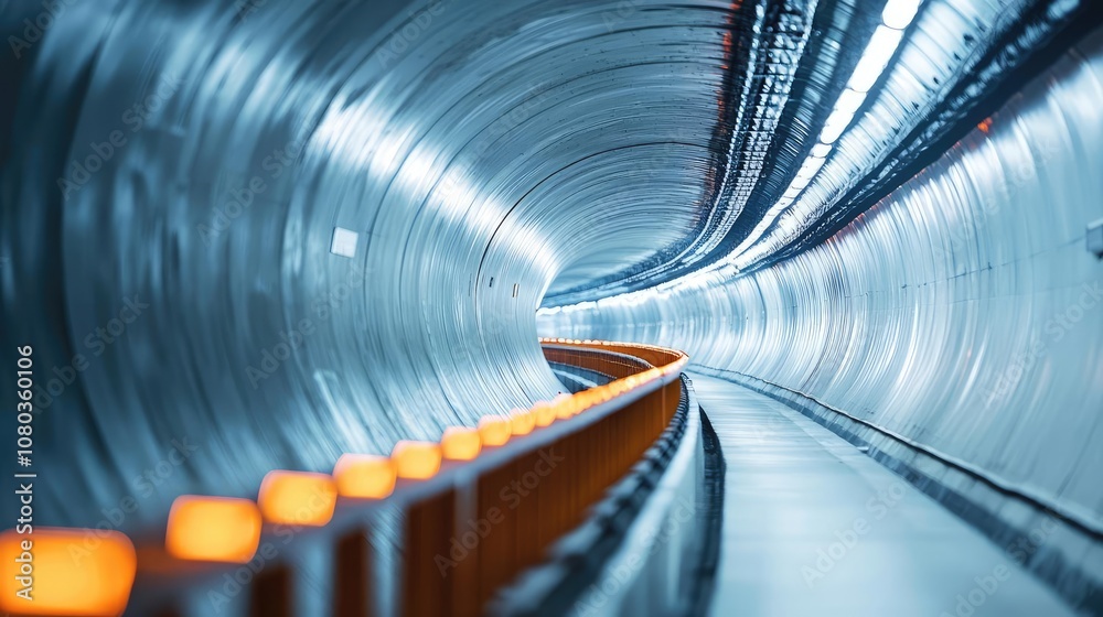 Poster futuristic tunnel with illuminated edges in blue tones, creating a sense of speed.