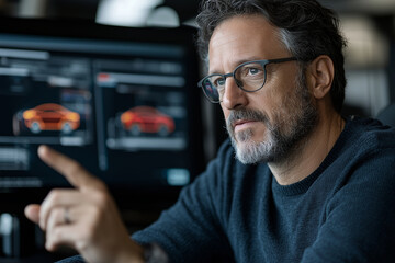 A focused engineer discussing electric vehicle designs, showcasing innovation and expertise in automotive technology. His expression reflects determination and insight