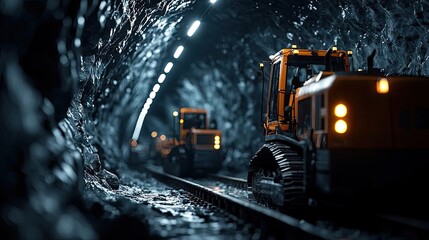 Heavy machinery operating in a dark tunnel for mining operations.