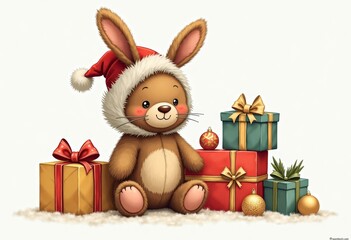 A minimalist Christmas card illustration featuring colorful gifts, ornaments, and a cute Teddy bear in a rabbit costume, warm, nostalgic holiday atmosphere