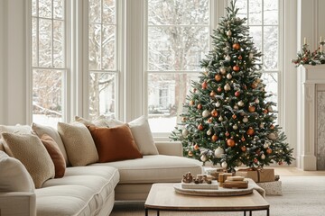 Create a cozy and inviting atmosphere for a festive christmas eve celebration with a beautifully decorated tree and warm living room decor