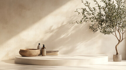 Minimalist product display with a wooden bowl, bottles, and olive tree against a beige wall.