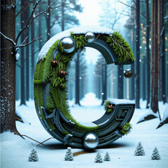 Winter font. Letter C in the forest. Christmas lettering.