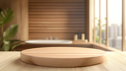 Round wooden platform on a table with a blurred bathroom background.