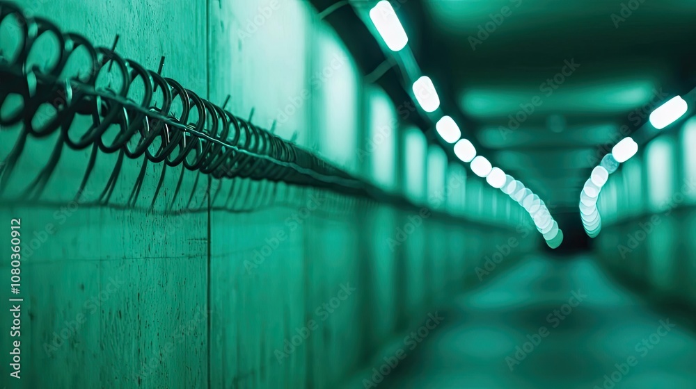 Poster Abstract view of a long, illuminated green tunnel with hooks on the wall