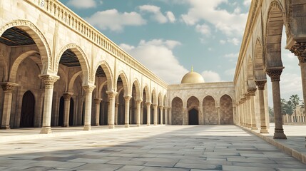Fototapeta premium A serene courtyard featuring arches and a domed structure under a clear sky.