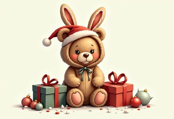 A minimalist Christmas card illustration featuring colorful gifts, ornaments, and a cute Teddy bear in a rabbit costume, evoking a warm, nostalgic holiday atmosphere