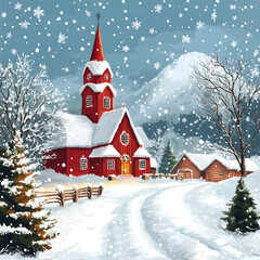 Snowy winter village with a red church, holiday wreath on the door, cozy cabins, mountain backdrop, frosted trees, and falling snowflakes, perfect for Christmas celebrations