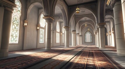 Fototapeta premium A serene interior of a grand hall featuring arches, pillars, and intricate stained glass windows.