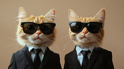 Cool cats in stylish business suits wearing black sunglasses exude confidence and charm. These feline professionals are ready to take on corporate world with flair and attitude