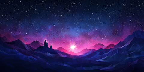 Obraz premium A bright star illuminating the night sky, shining over the manger scene with Mary, Joseph, and baby Jesus.