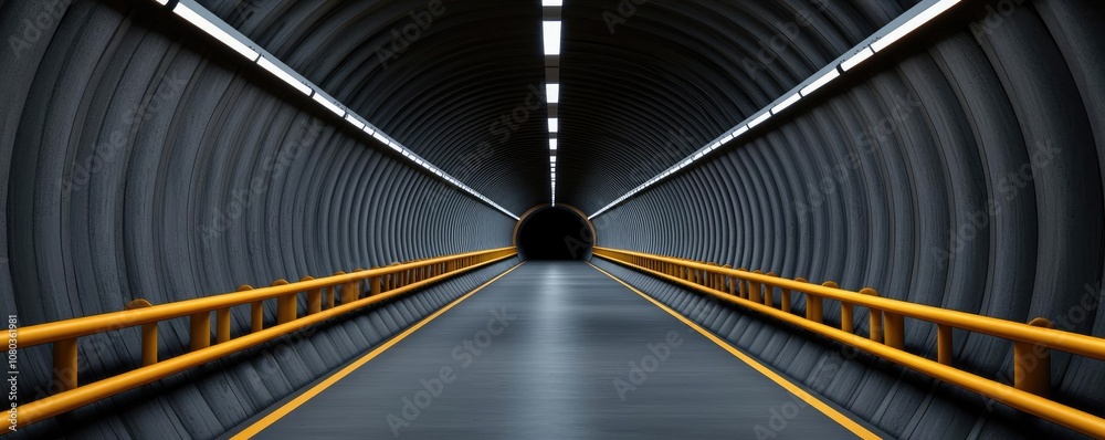 Poster futuristic tunnel view with yellow railing and bright lights.