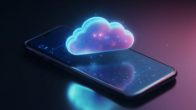 3D cloud icon on smartphone screen, data synchronization process, online storage, cloud technology, modern tech innovation