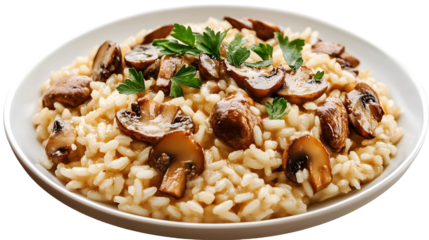 Mushroom risotto on a plate on a transparent background. isolated background.