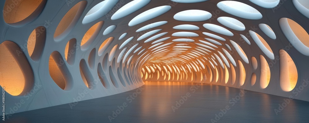Poster futuristic tunnel with ambient lighting and unique wall patterns.