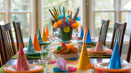 A Stylish Birthday Party Table Setting with Elegant Plates, Coordinated Napkins, Colorful Decorations, and Perfectly Arranged for a Festive and Welcoming Celebration