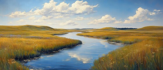 Fototapeta premium Expansive prairie landscape, meandering river, vibrant grasslands, serene natural beauty, peaceful wilderness, tranquil environment