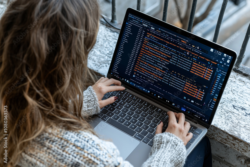 Wall mural a professional woman working on laptop, focused on coding and programming tasks. scene captures mome