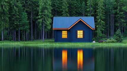 Tranquil Blue Cabin by Serene Lake Surrounded by Lush Green Forests at Sunset with Warm Light from Windows Reflecting on Water Surface