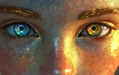 The eyes of a woman are shown in a blue and green color