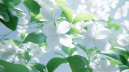 A close-up of delicate white flowers surrounded by green leaves, creating a serene atmosphere.