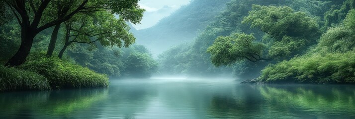 Serene River Flowing Through Verdant Forest, gentle currents meandering, surrounded by vibrant foliage and tranquil nature sounds