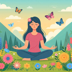 Ilustraci&oacute;n de mujer feiz meditando en la naturaleza