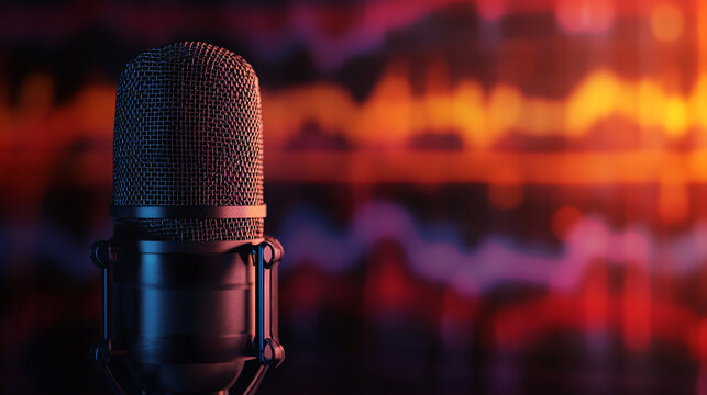 Professional microphone stands on a stage against a colorful blurred background